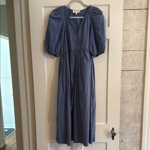 THE GREAT. Blue Puff Sleeve V-Neck Sundress